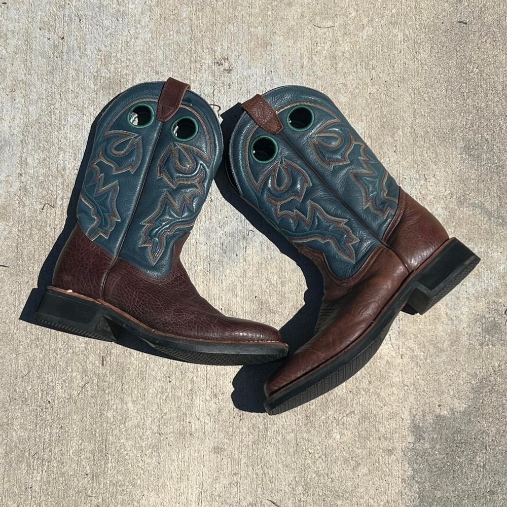 Boulet Western Cowboy Boots Brown & Blue Tooled Leather — Fits Approx. Men's 8.5